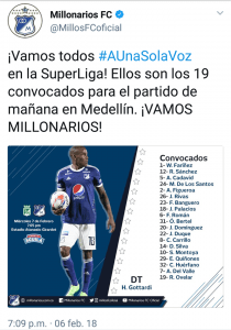 convocados Millonarios