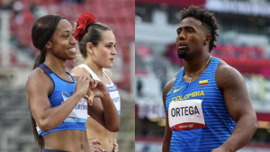 Laura Martínez y Mauricio Ortega celebran en el Sudamericano de Atletismo 2025 representando a Colombia